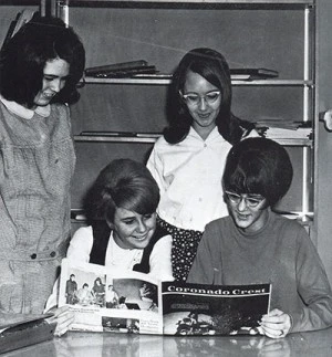 Reporters Cathe Thompson, Molly Thompson, Dianne Hatchet and Danielle Manning discuss story ideas for the upcoming issue of The Crest in 1968.